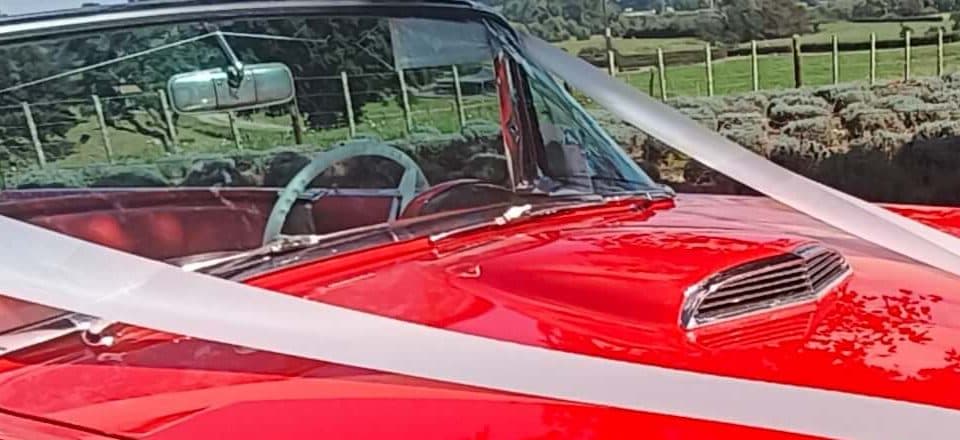 Bonnet scoop and windscreen of the Thunderbird, with the white steering wheel behind